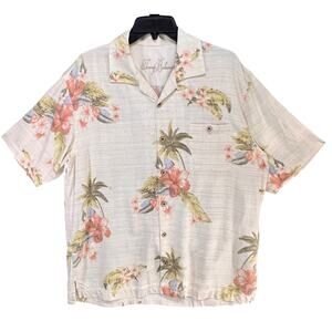 Vintage Tommy Bahama Camp Shirt Men L Cream Silk Floral Hibiscus Tropical Hawaii